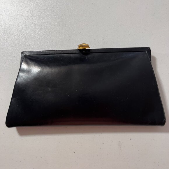 Vintage Bag by Dorian Black Clutch Purse with Gold Rose Clasp & Satin Lining - Picture 1 of 11